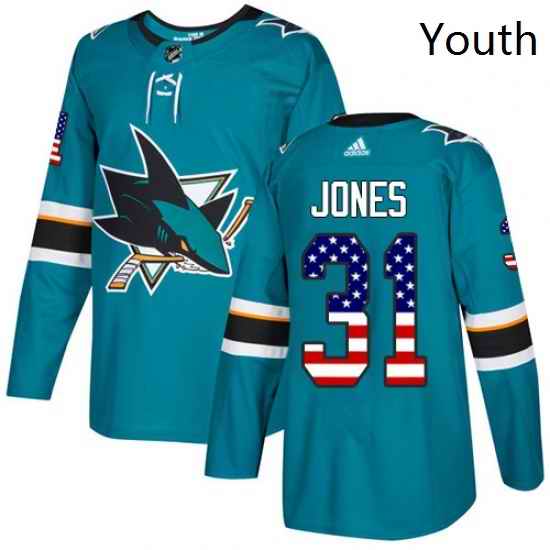 Youth Adidas San Jose Sharks 31 Martin Jones Authentic Teal Green USA Flag Fashion NHL Jersey